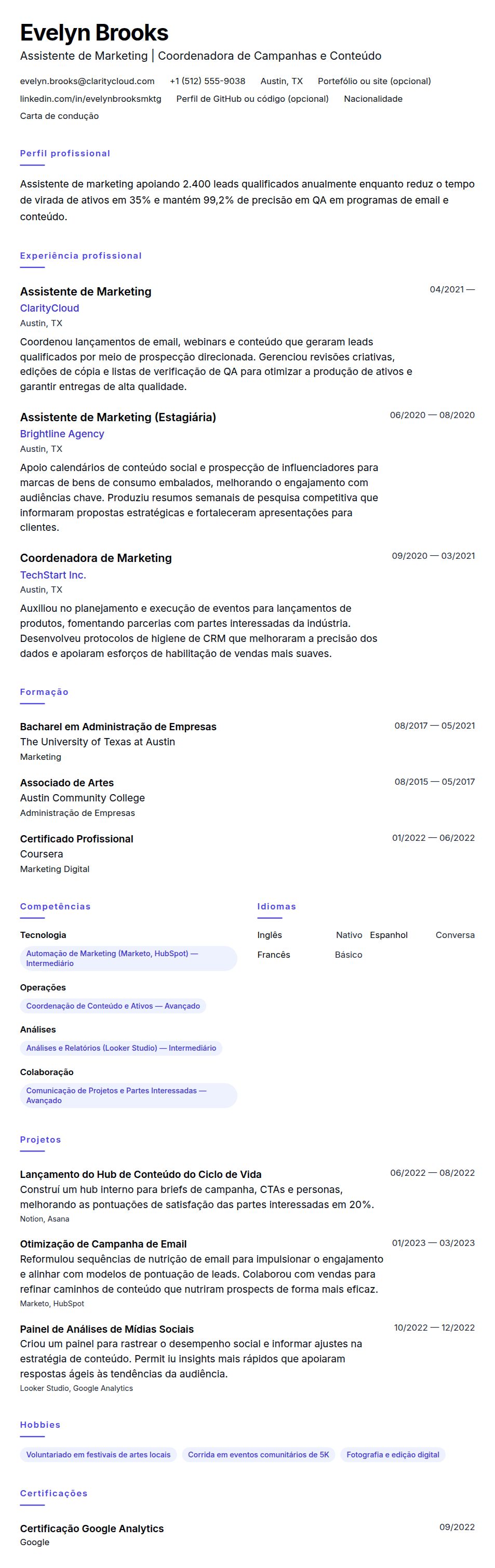 Pré-visualização do currículo Exemplo de Currículo para Assistente de Marketing