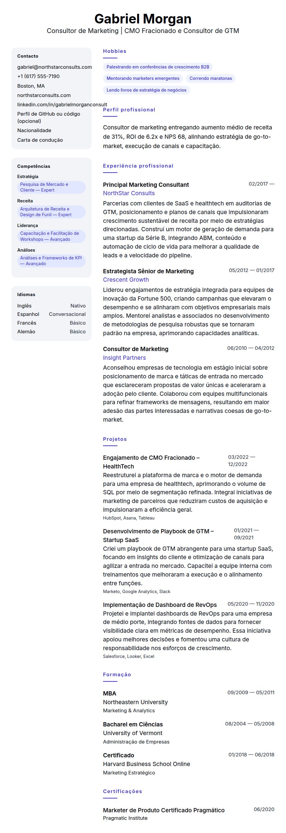 Pré-visualização do currículo Exemplo de Currículo para Consultor de Marketing