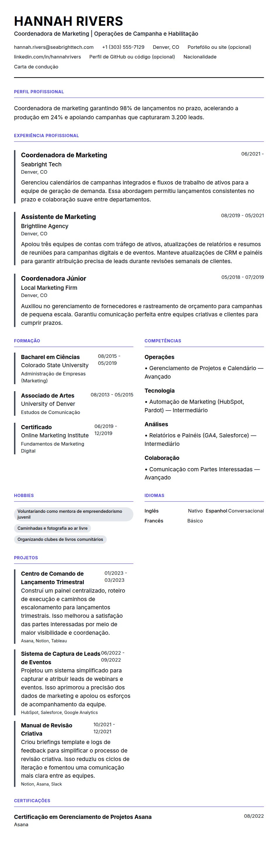 Pré-visualização do currículo Exemplo de Currículo para Coordenador de Marketing
