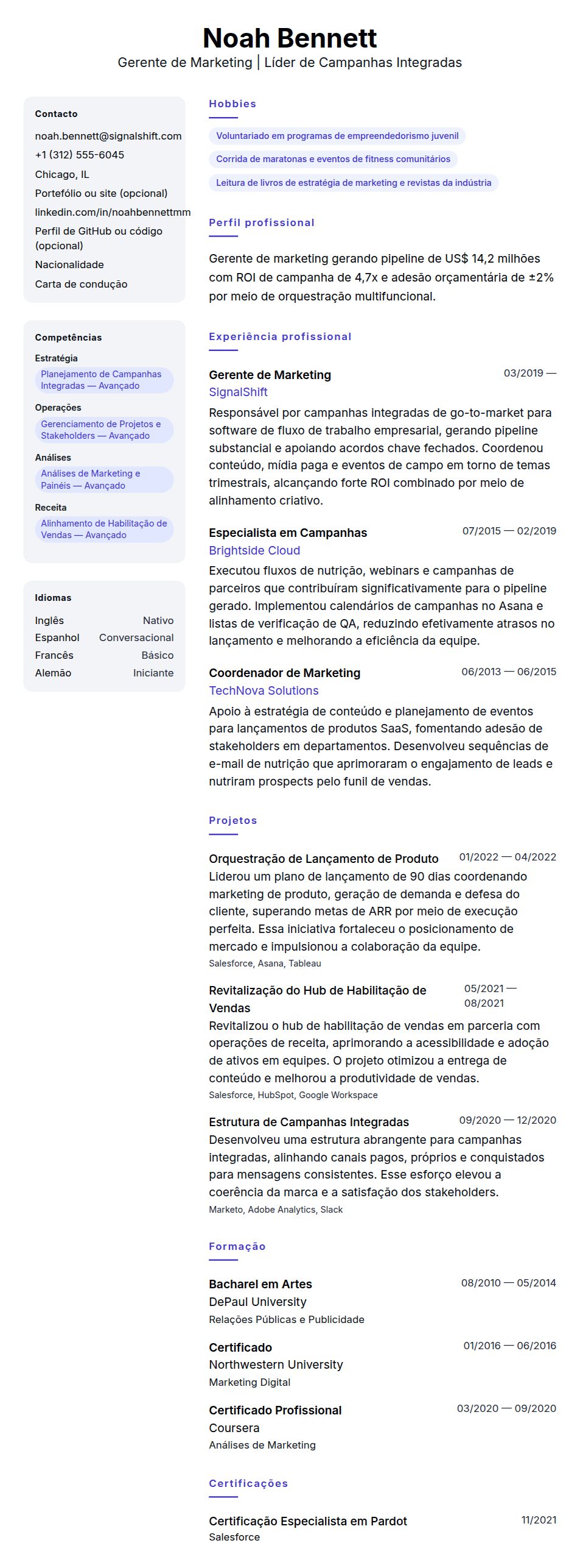 Pré-visualização do currículo Exemplo de Currículo de Gerente de Marketing