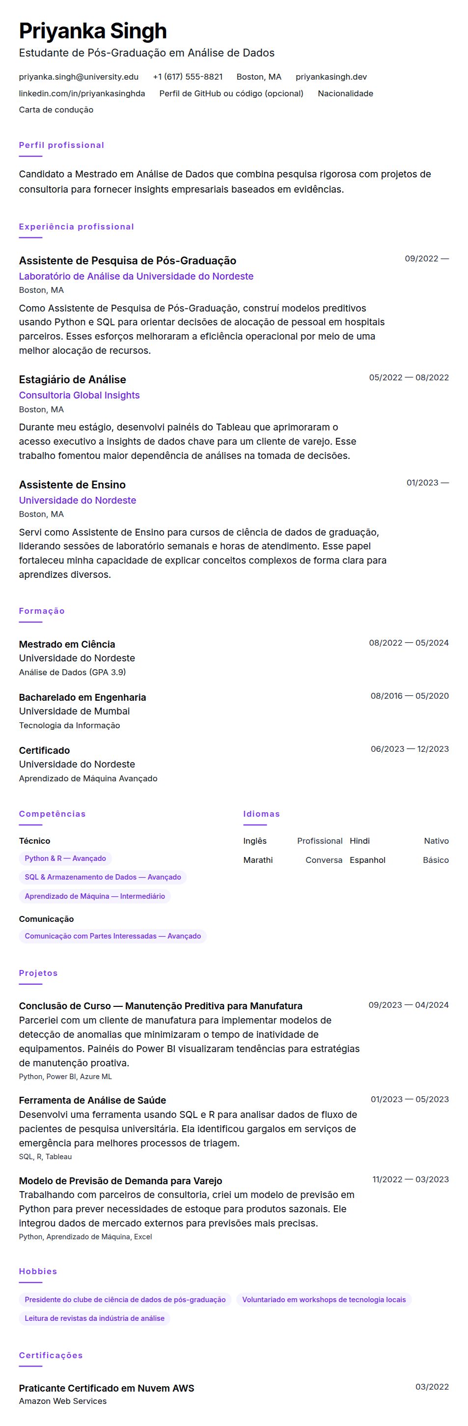 Pré-visualização do currículo Exemplo de Currículo para Estudante de Mestrado
