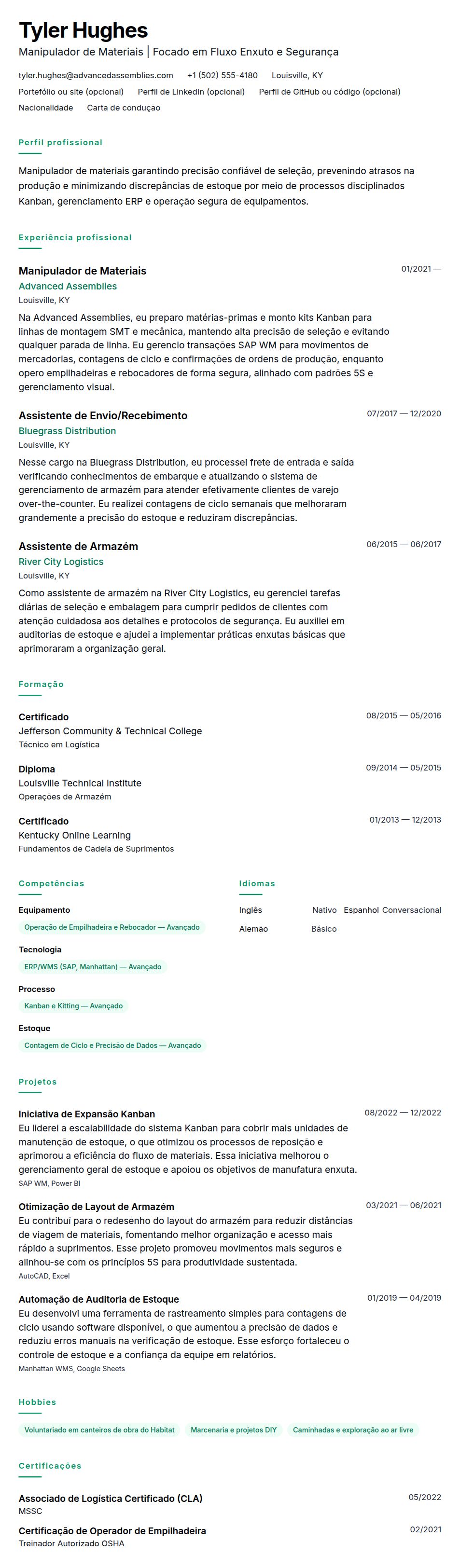 Pré-visualização do currículo Exemplo de Currículo de Manipulador de Materiais