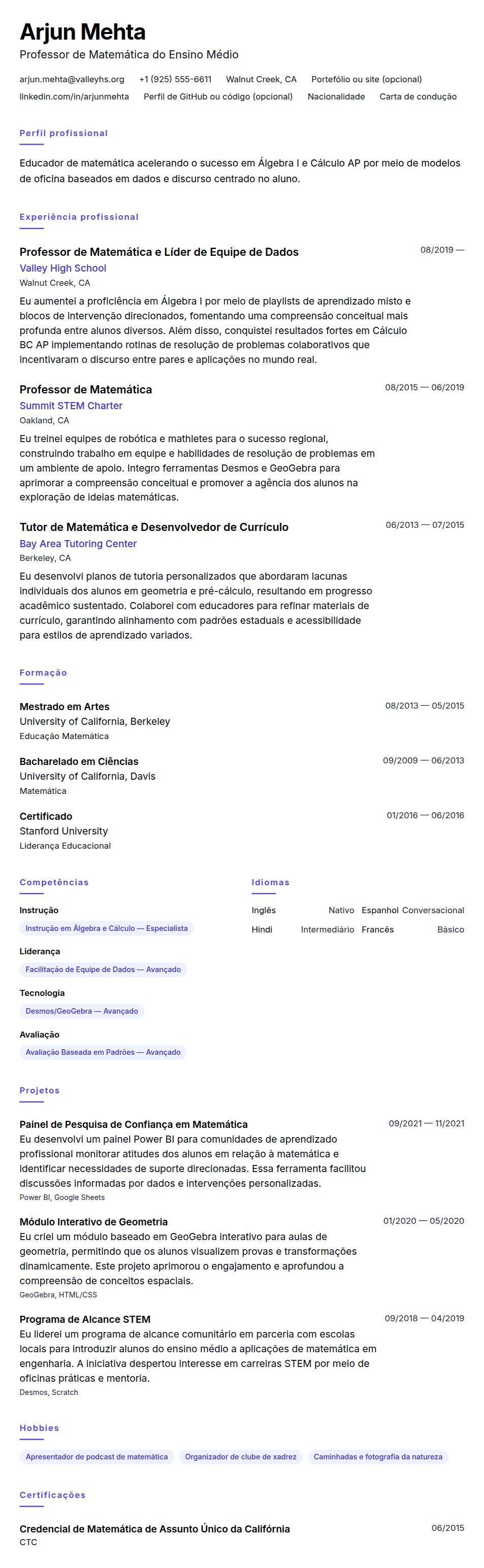 Pré-visualização do currículo Exemplo de Currículo de Professor de Matemática