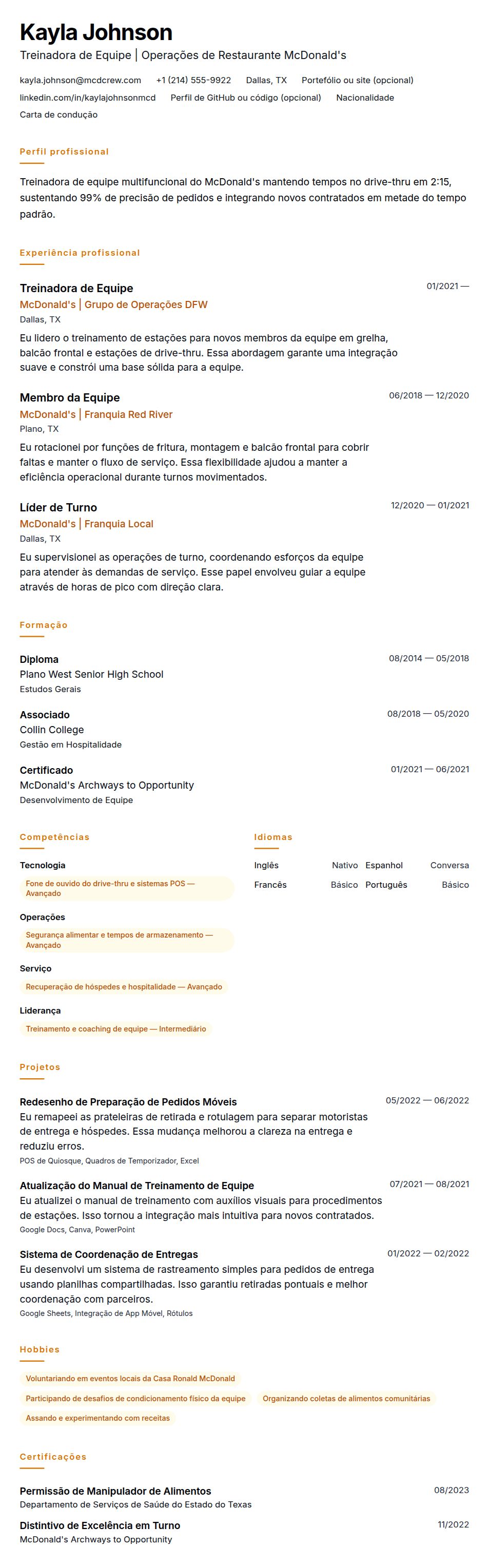 Pré-visualização do currículo Exemplo de Currículo para Membro da Equipe do McDonald's