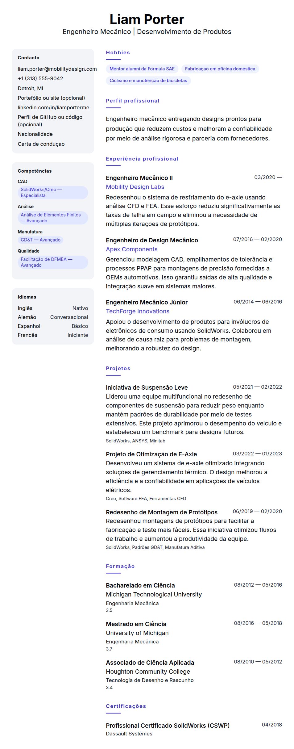 Exemplo de Currículo de Engenheiro Mecânico