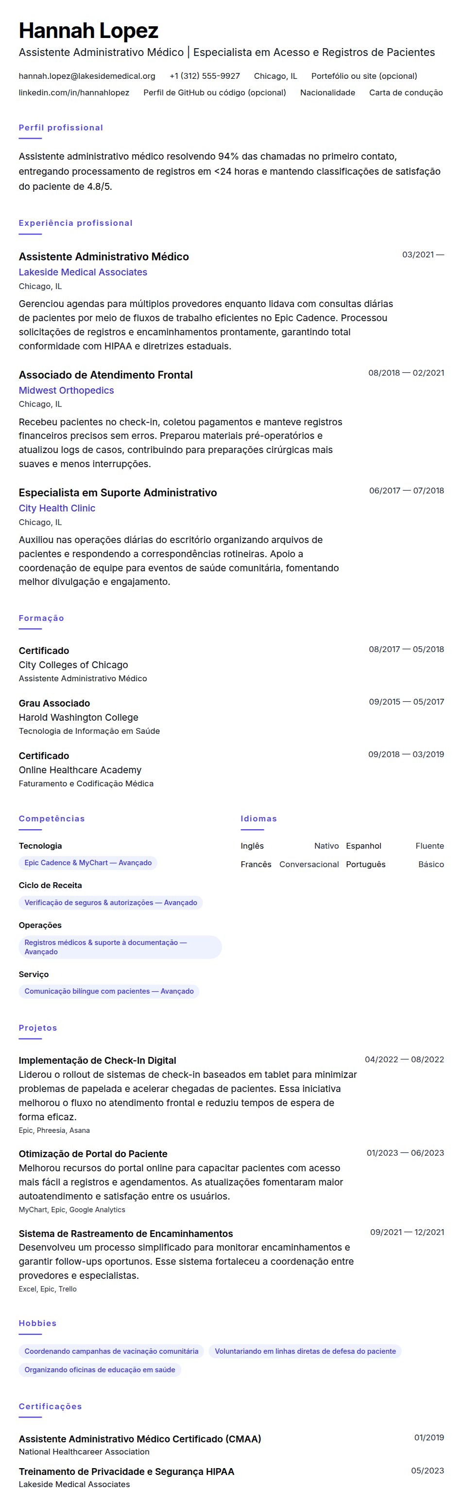 Pré-visualização do currículo Exemplo de Currículo para Assistente Administrativo Médico