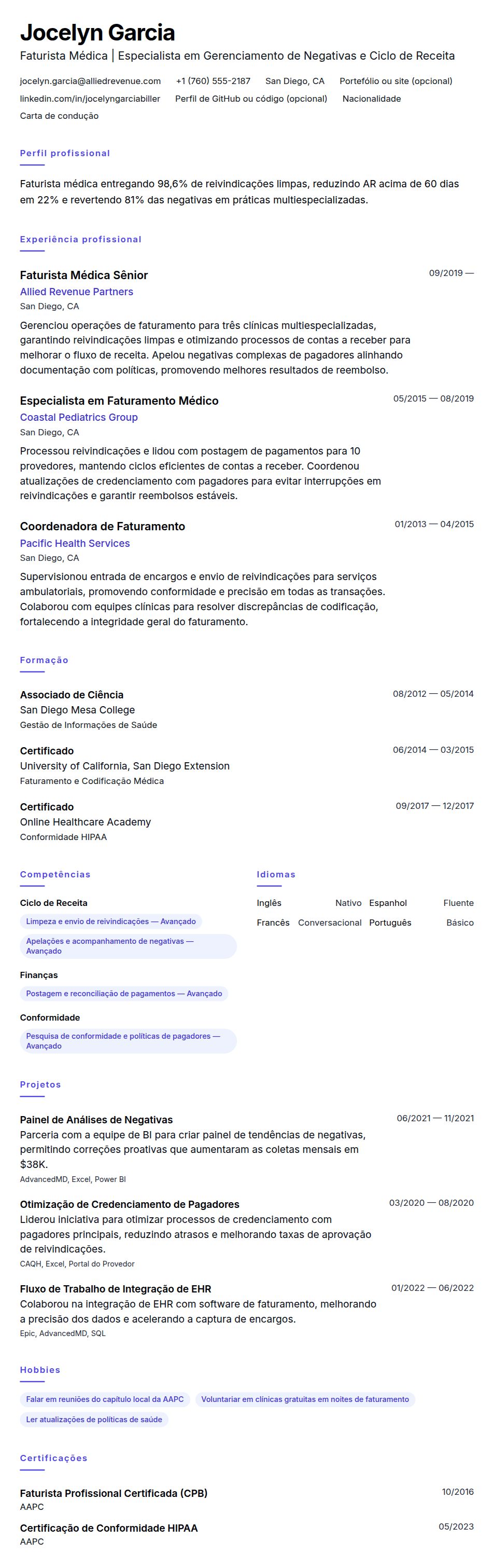 Pré-visualização do currículo Exemplo de Currículo de Faturista Médica