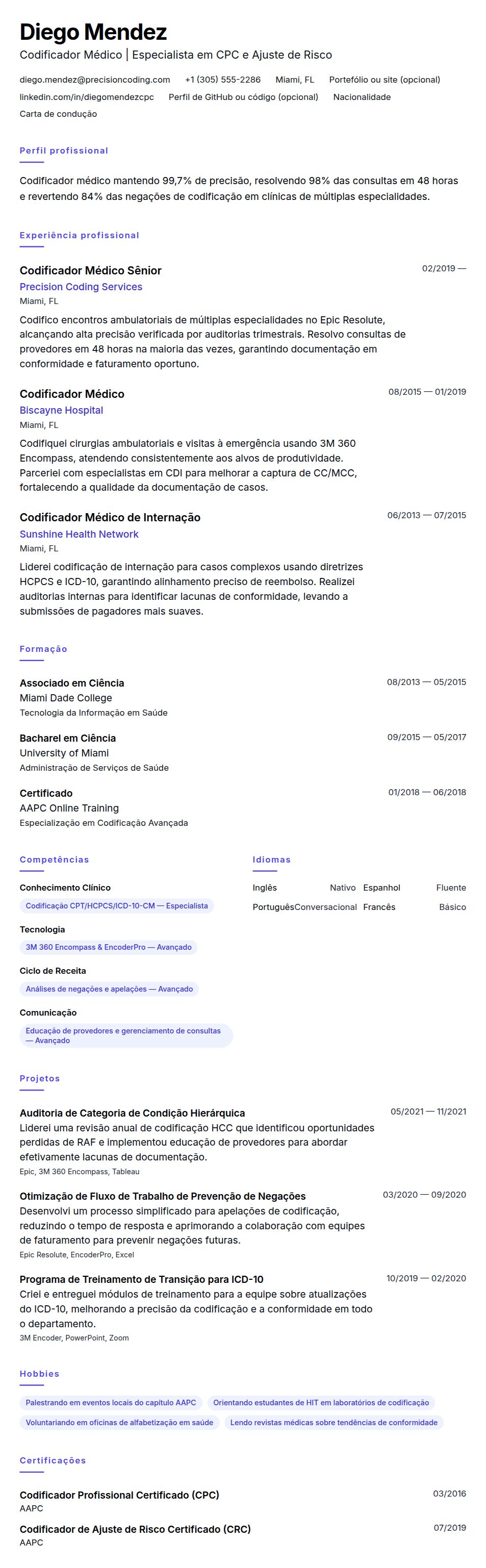 Pré-visualização do currículo Exemplo de Currículo de Codificador Médico