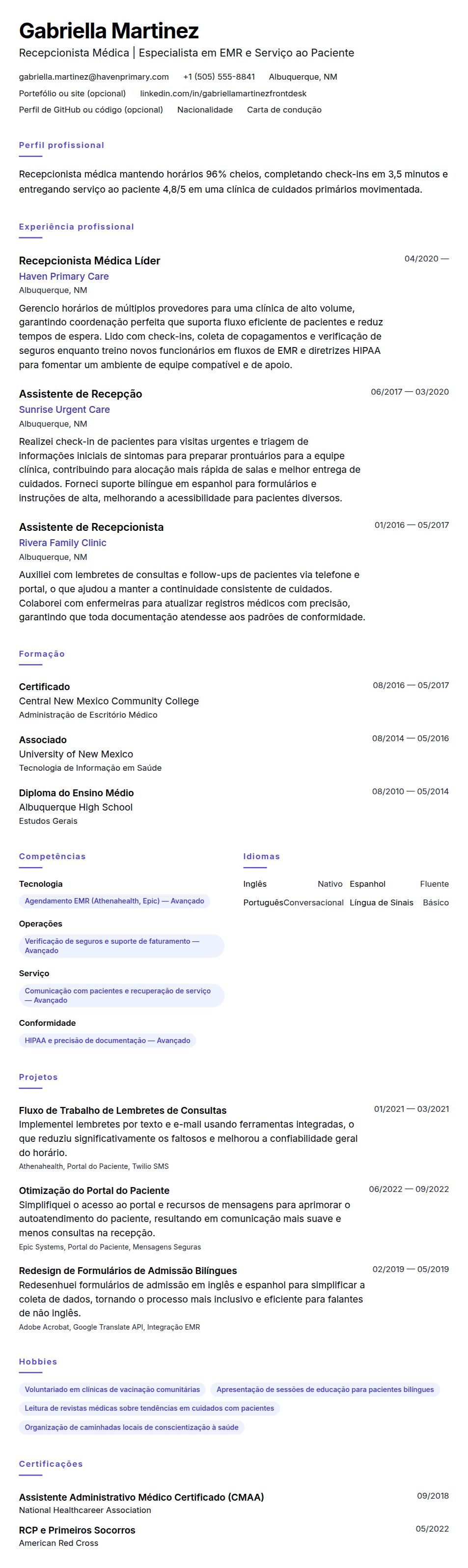 Pré-visualização do currículo Exemplo de Currículo de Recepcionista Médica