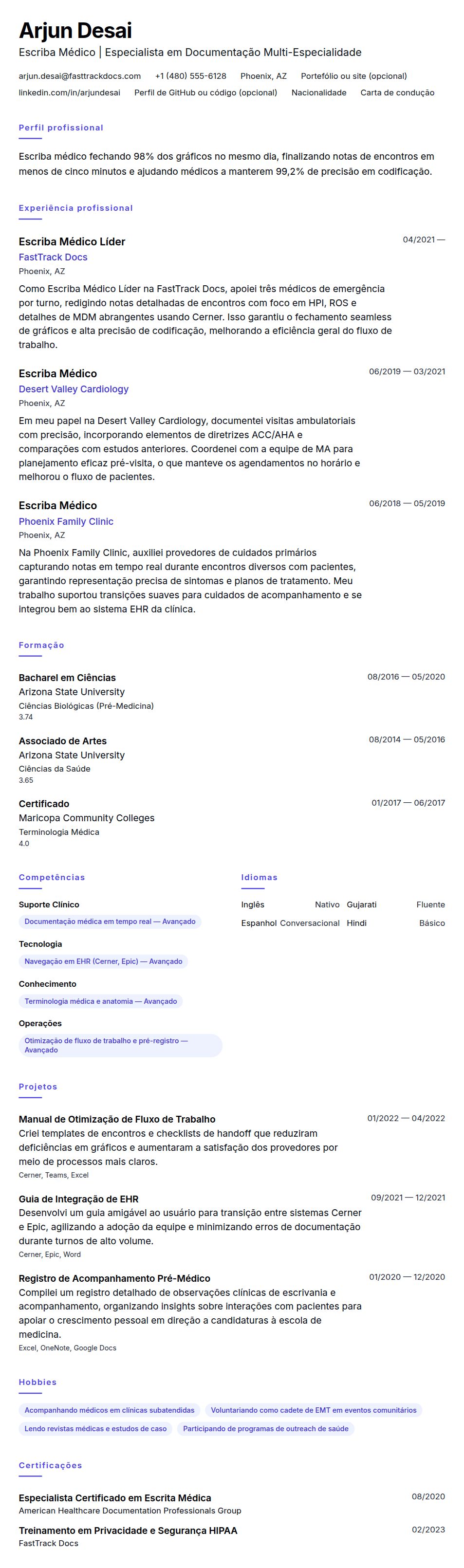 Pré-visualização do currículo Exemplo de Currículo de Escriba Médico