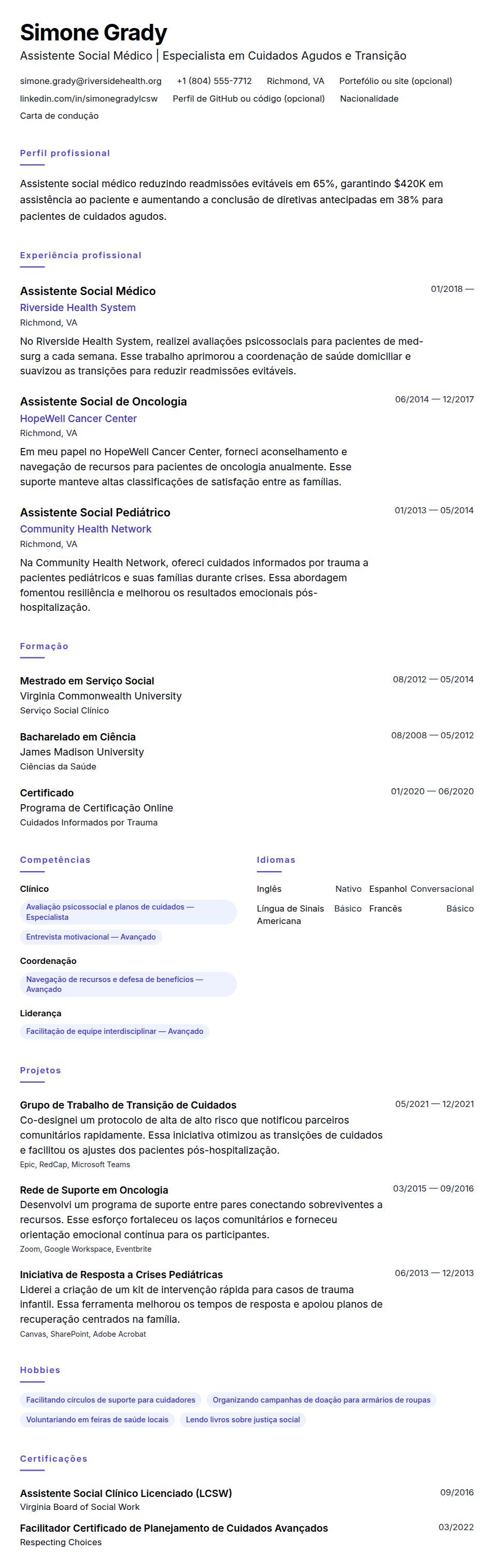 Pré-visualização do currículo Exemplo de Currículo de Assistente Social Médico