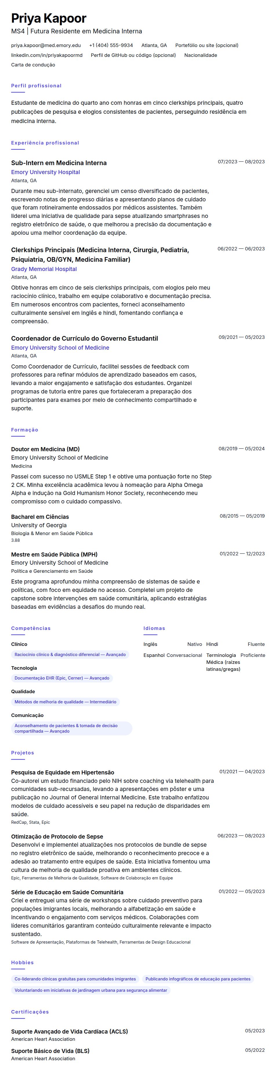 Pré-visualização do currículo Exemplo de Currículo para Estudante de Medicina