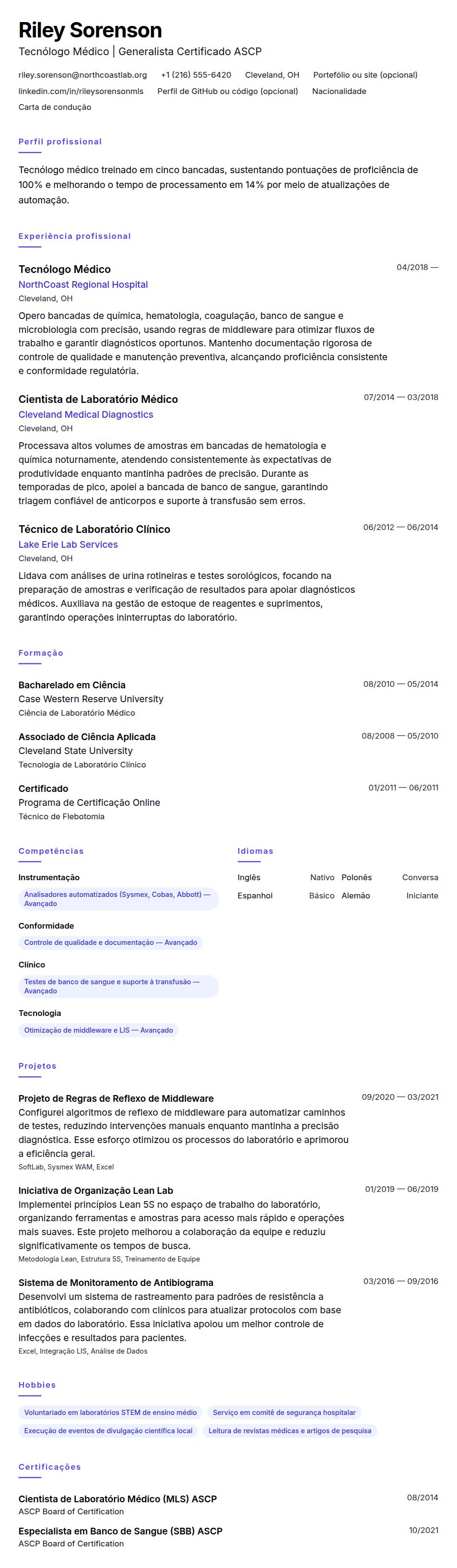 Pré-visualização do currículo Exemplo de Currículo de Tecnólogo Médico