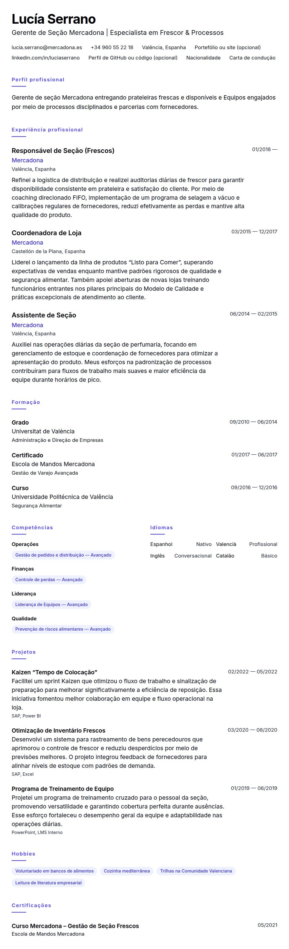 Pré-visualização do currículo Exemplo de Currículo de Gerente de Seção Mercadona