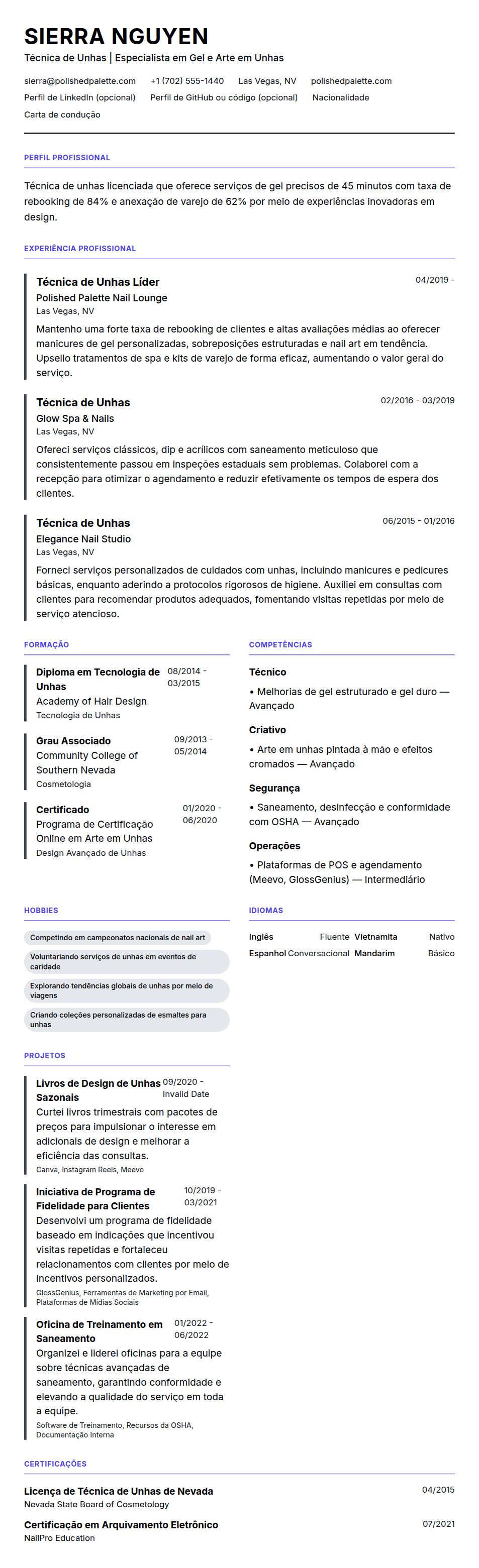 Pré-visualização do currículo Exemplo de Currículo de Técnica de Unhas
