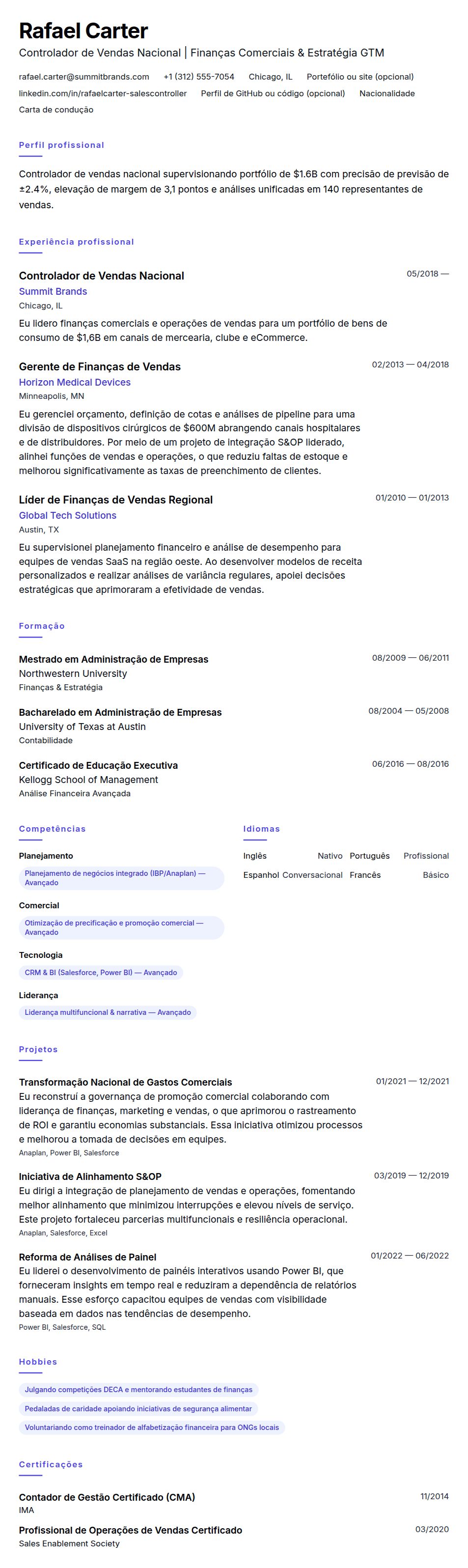 Pré-visualização do currículo Exemplo de Currículo para Controlador de Vendas Nacional