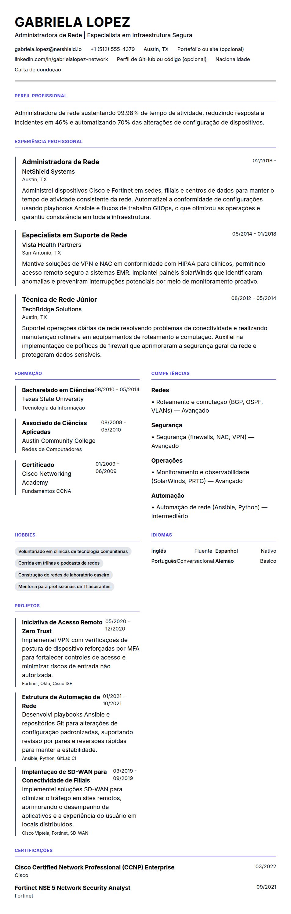 Pré-visualização do currículo Exemplo de Currículo de Administrador de Rede