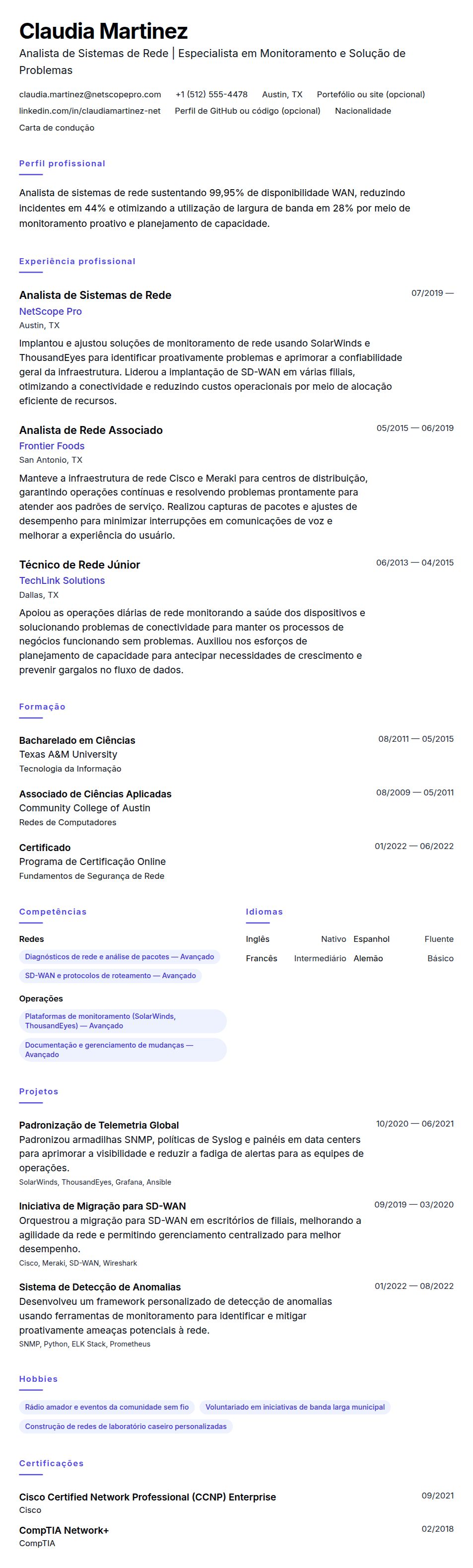 Pré-visualização do currículo Exemplo de Currículo de Analista de Sistemas de Rede