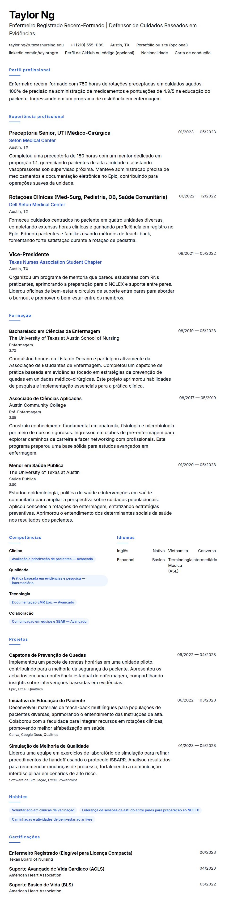 Pré-visualização do currículo Exemplo de Currículo para Enfermeiro Recém-Formado