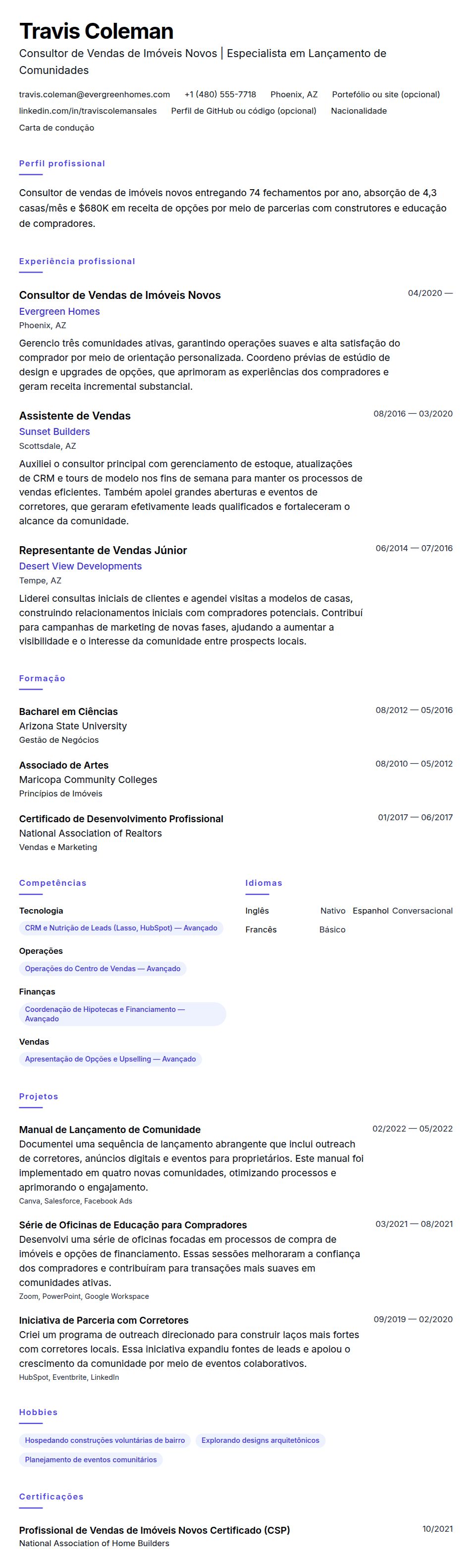 Pré-visualização do currículo Exemplo de Currículo para Consultor de Vendas de Imóveis Novos