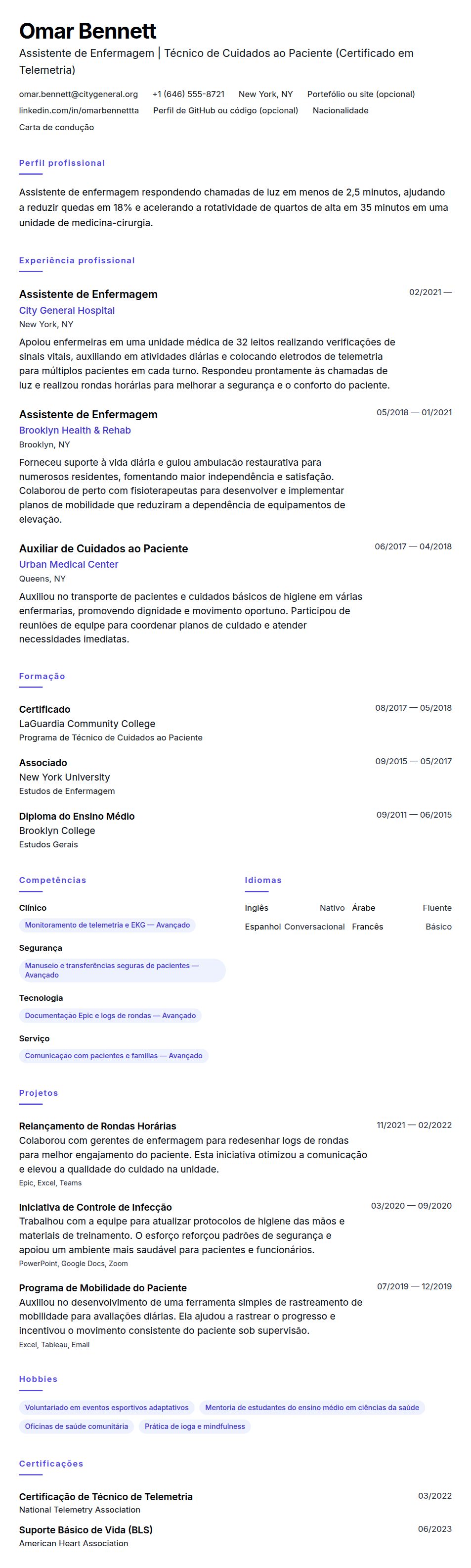 Exemplo de Currículo para Assistente de Enfermagem