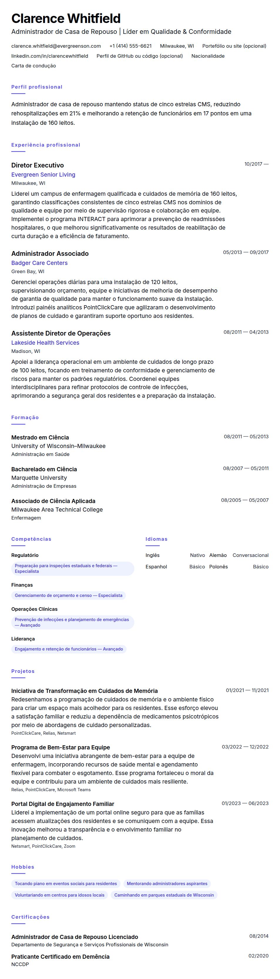 Pré-visualização do currículo Exemplo de Currículo para Administrador de Casa de Repouso