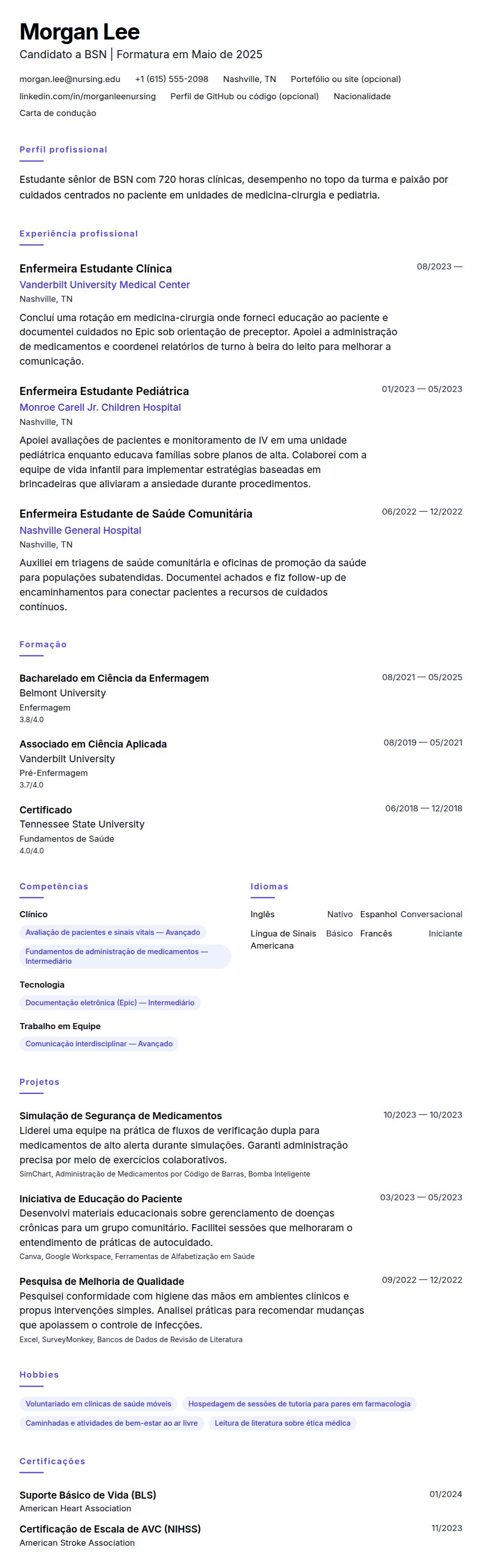 Pré-visualização do currículo Exemplo de Currículo para Estudante de Enfermagem