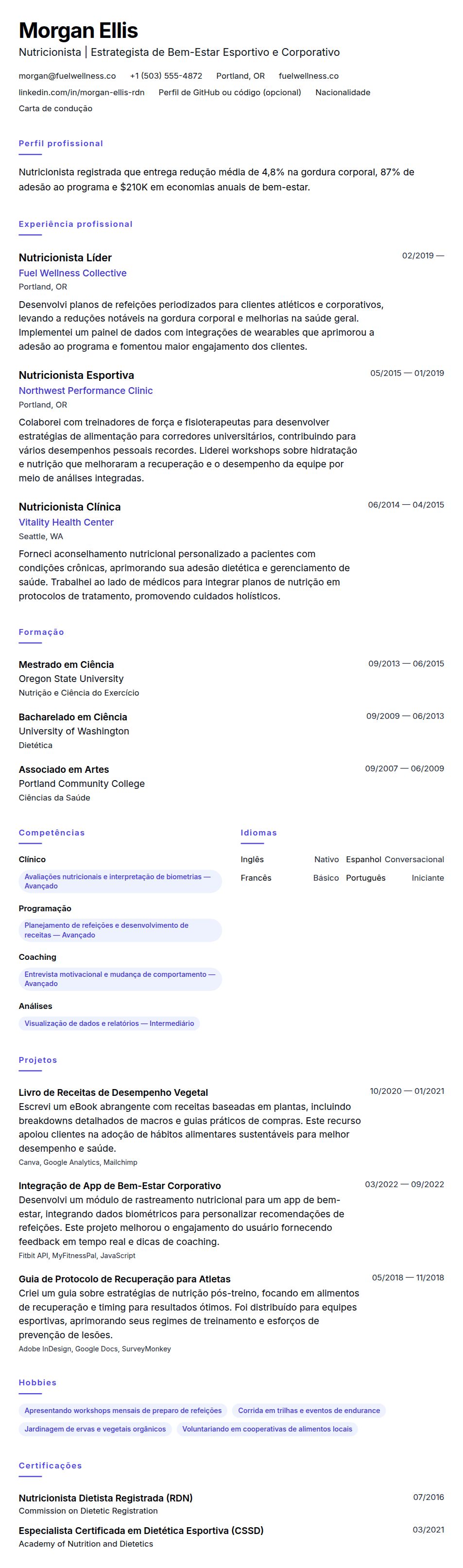 Pré-visualização do currículo Exemplo de Currículo de Nutricionista