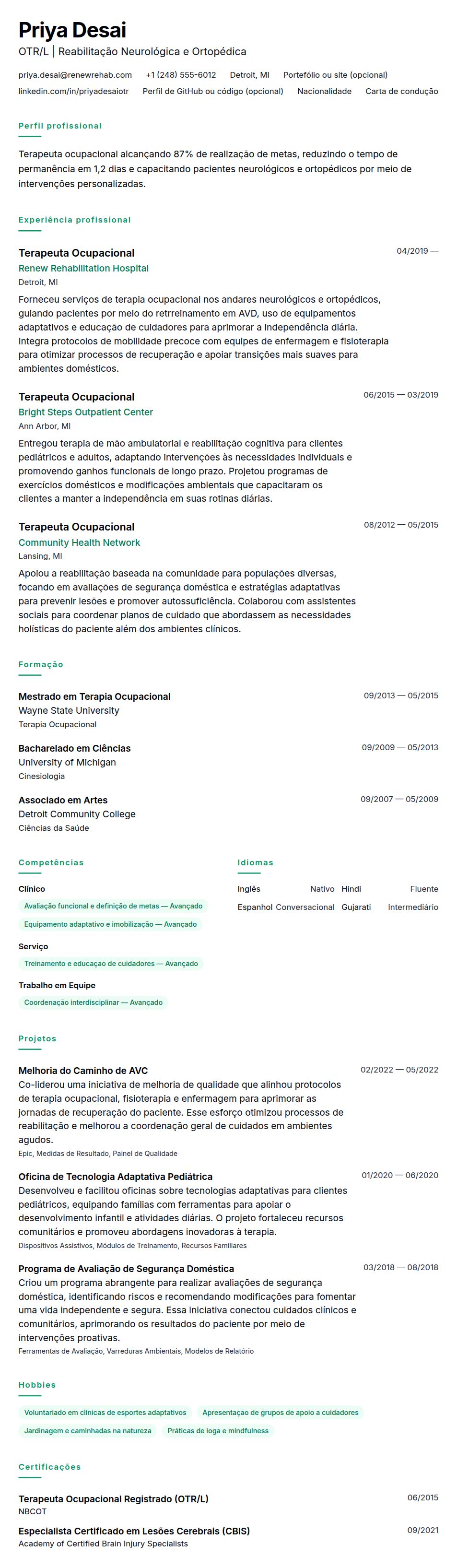Pré-visualização do currículo Exemplo de Currículo de Terapeuta Ocupacional