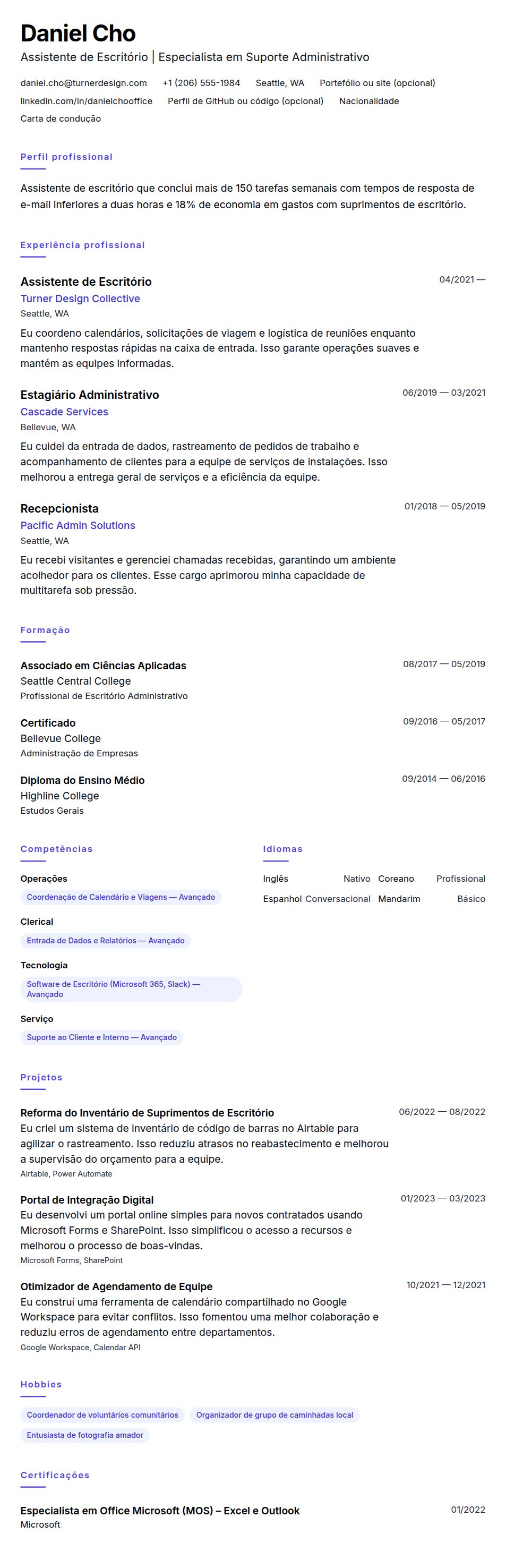 Pré-visualização do currículo Exemplo de Currículo de Assistente de Escritório