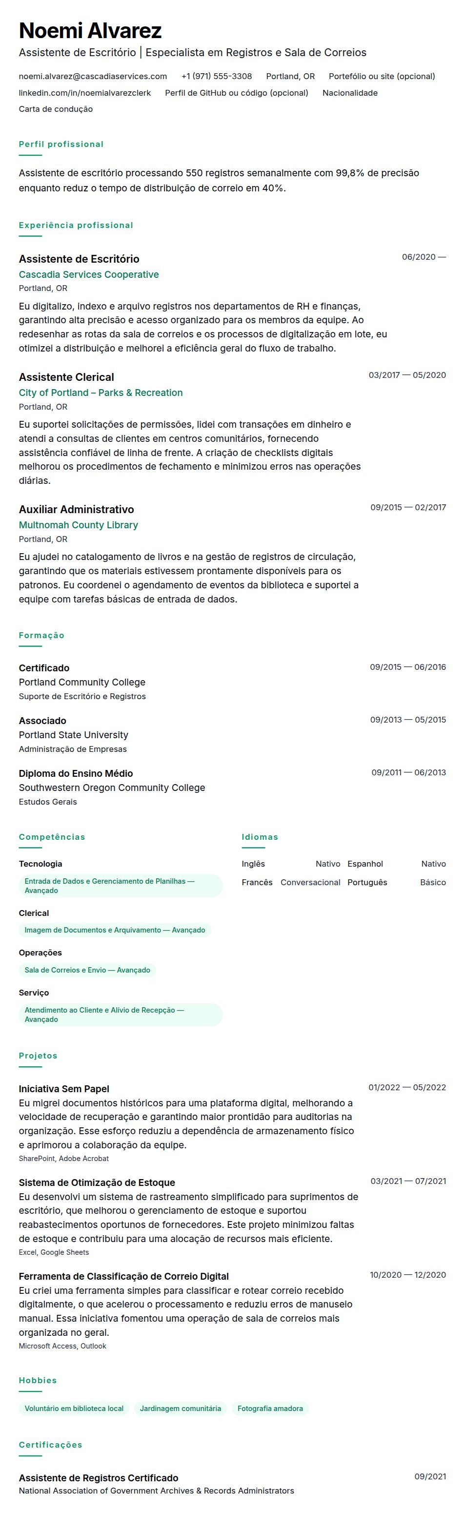 Pré-visualização do currículo Exemplo de Currículo para Assistente de Escritório