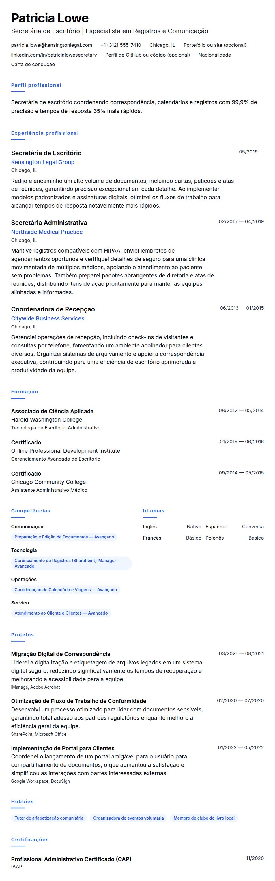Pré-visualização do currículo Exemplo de Currículo de Secretária de Escritório