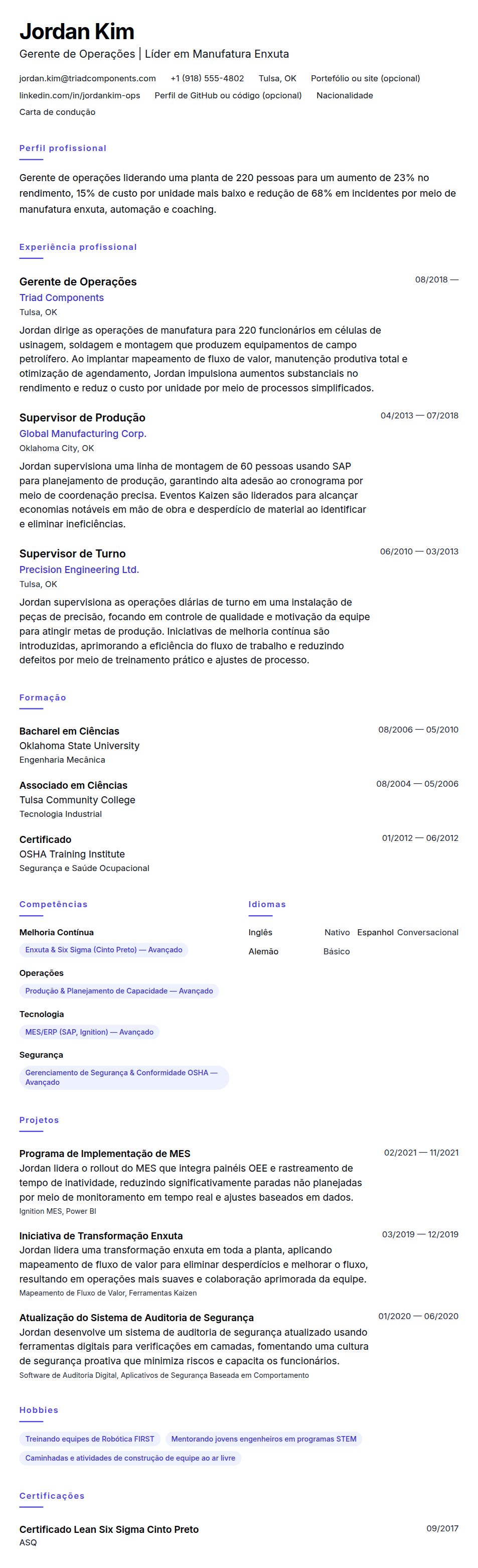 Pré-visualização do currículo Exemplo de Currículo de Gerente de Operações