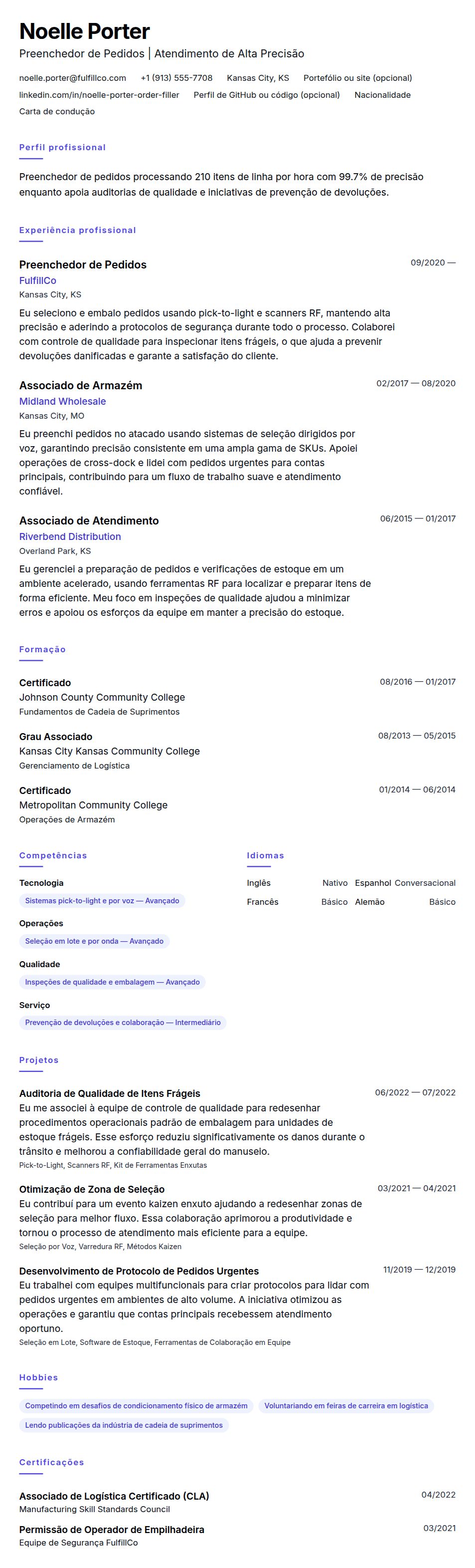 Pré-visualização do currículo Exemplo de Currículo de Preenchedor de Pedidos