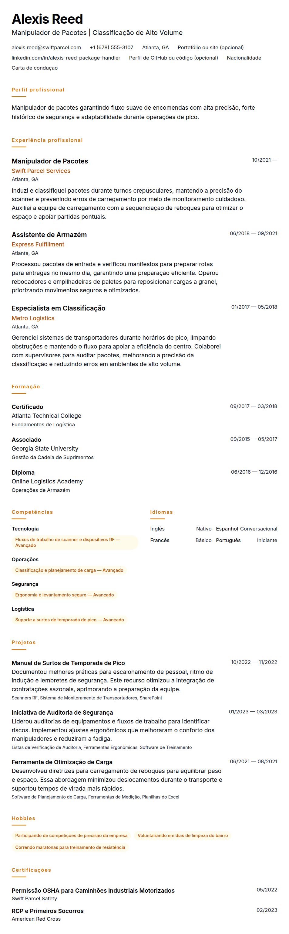 Pré-visualização do currículo Exemplo de Currículo de Manipulador de Pacotes