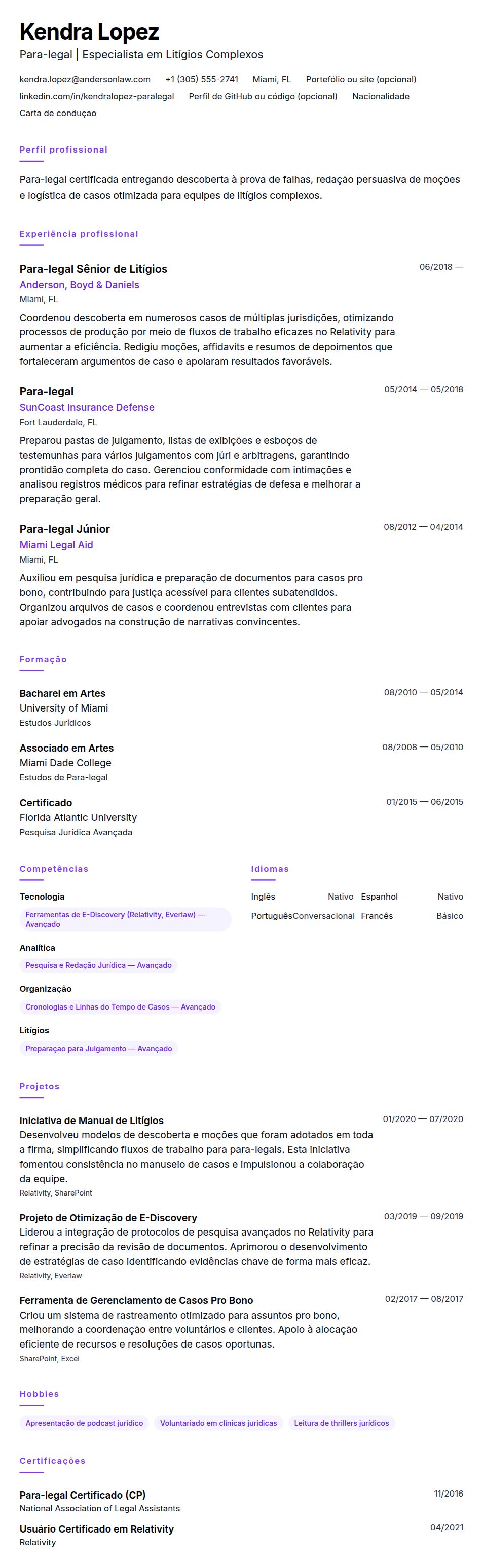 Pré-visualização do currículo Exemplo de Currículo de Para-legal