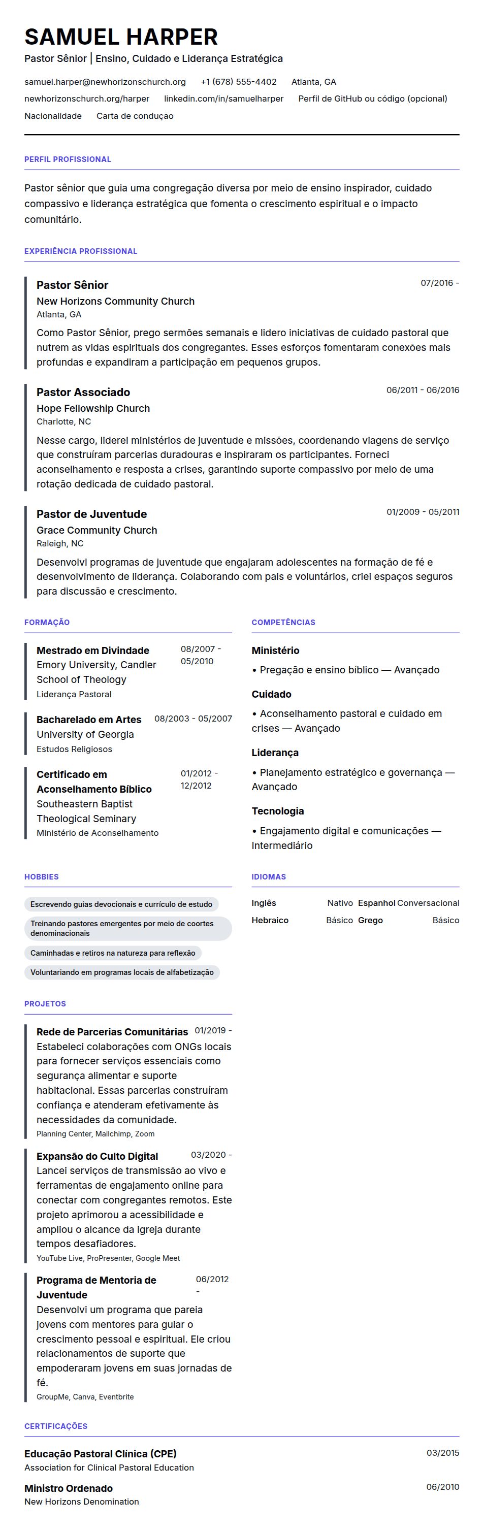 Pré-visualização do currículo Exemplo de Currículo de Pastor