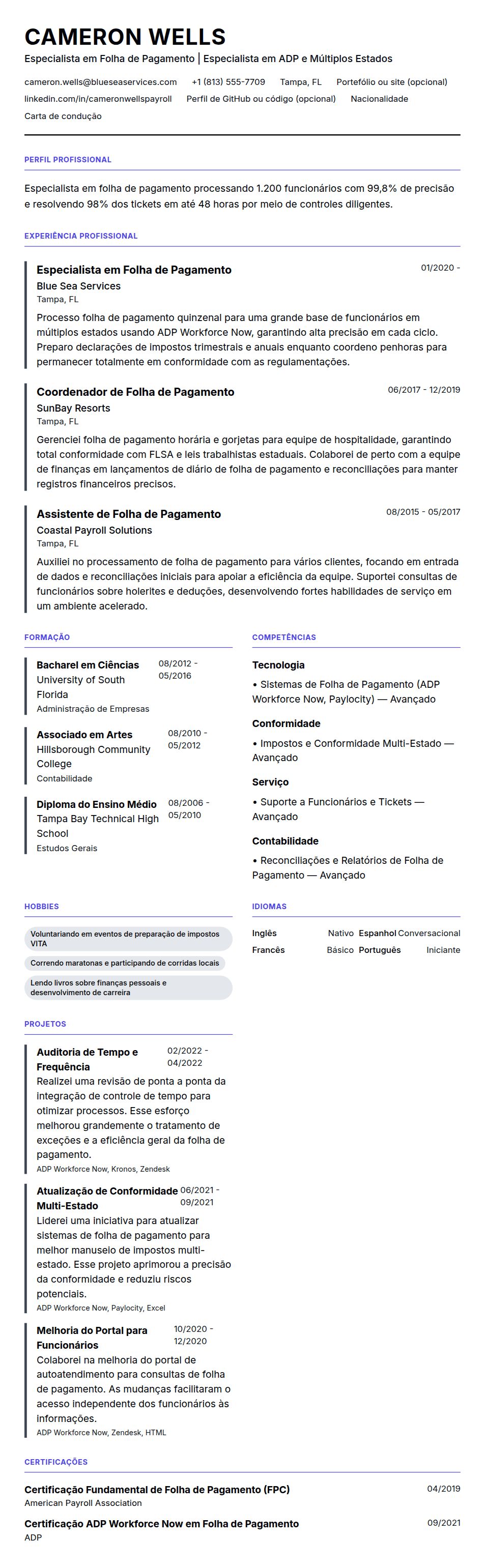 Exemplo de Currículo para Especialista em Folha de Pagamento