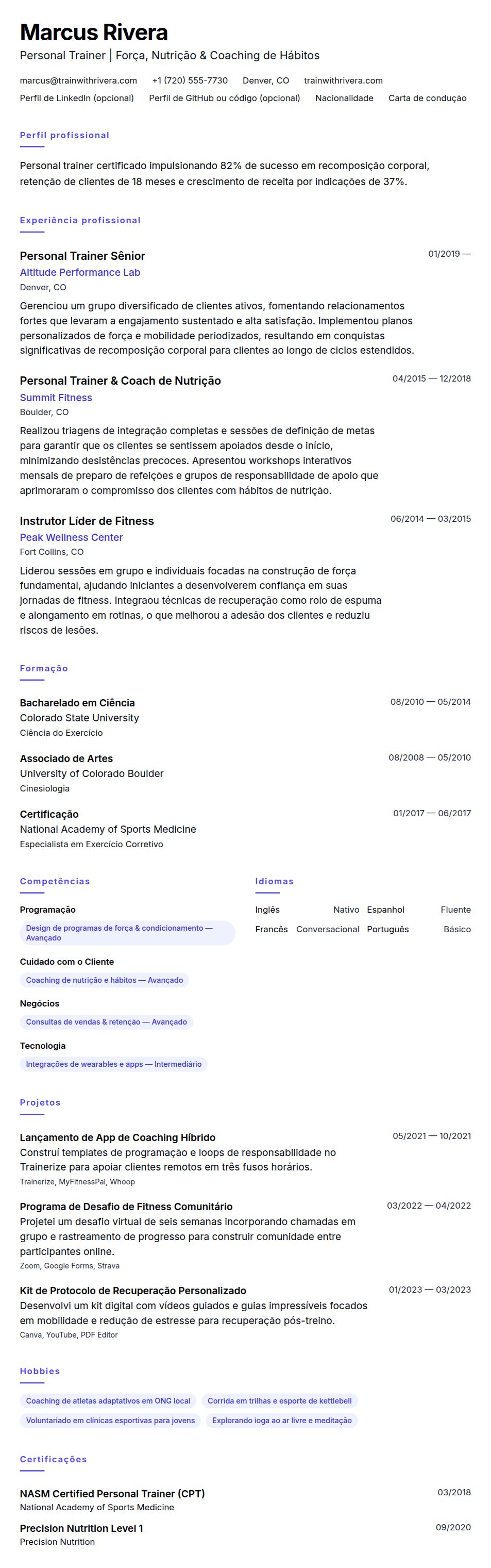 Pré-visualização do currículo Exemplo de Currículo de Personal Trainer