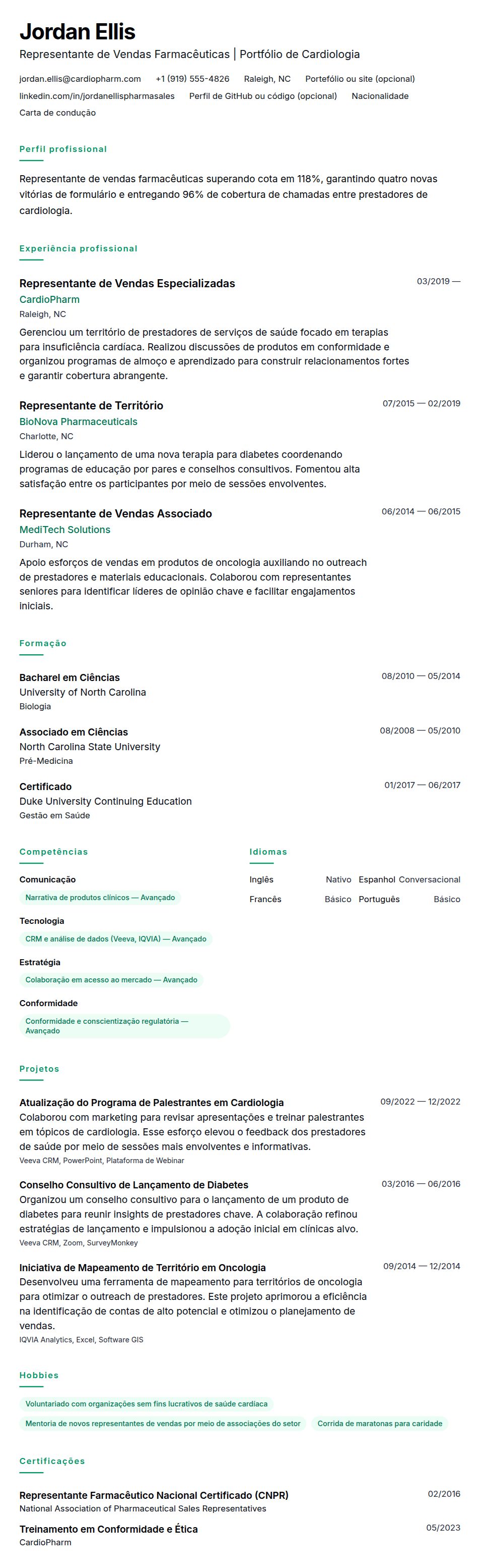 Pré-visualização do currículo Exemplo de Currículo para Representante de Vendas Farmacêuticas