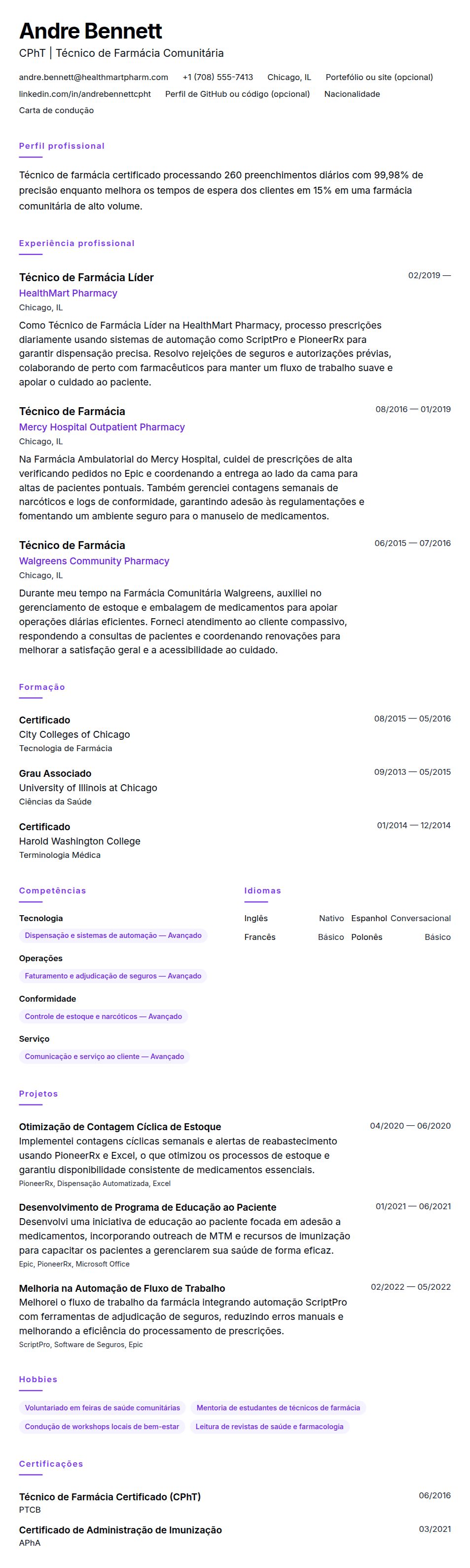 Pré-visualização do currículo Exemplo de Currículo de Técnico de Farmácia