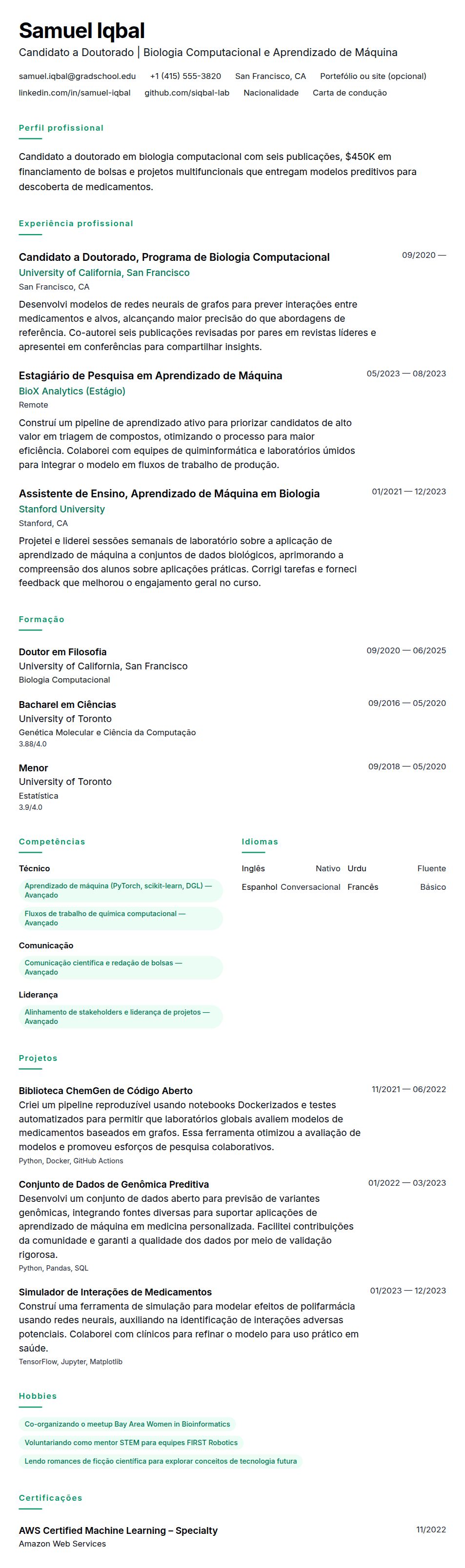 Pré-visualização do currículo Exemplo de Currículo para Doutorado