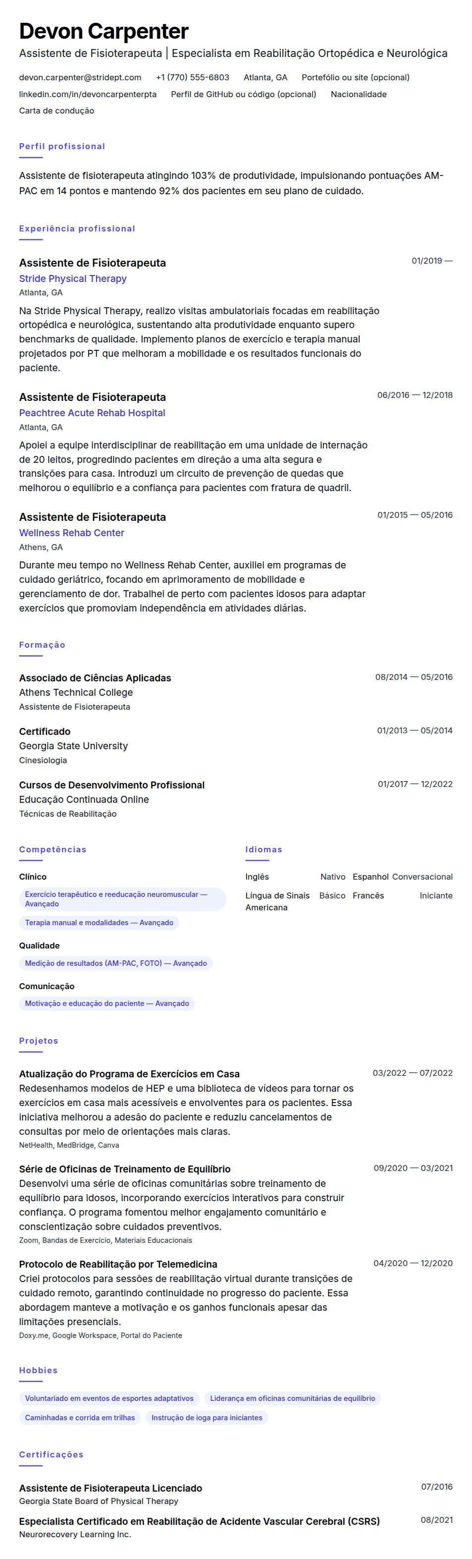 Pré-visualização do currículo Exemplo de Currículo de Assistente de Fisioterapeuta (PTA)