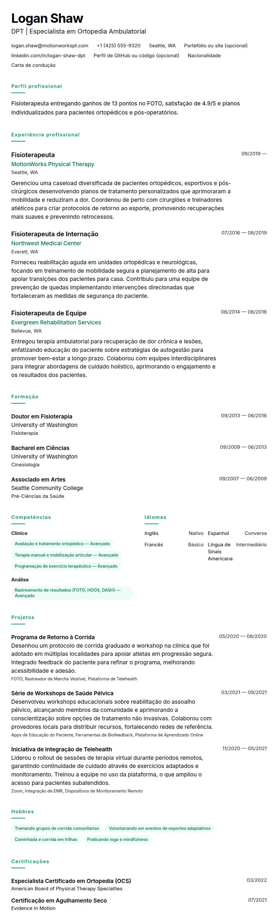 Pré-visualização do currículo Exemplo de Currículo de Fisioterapeuta