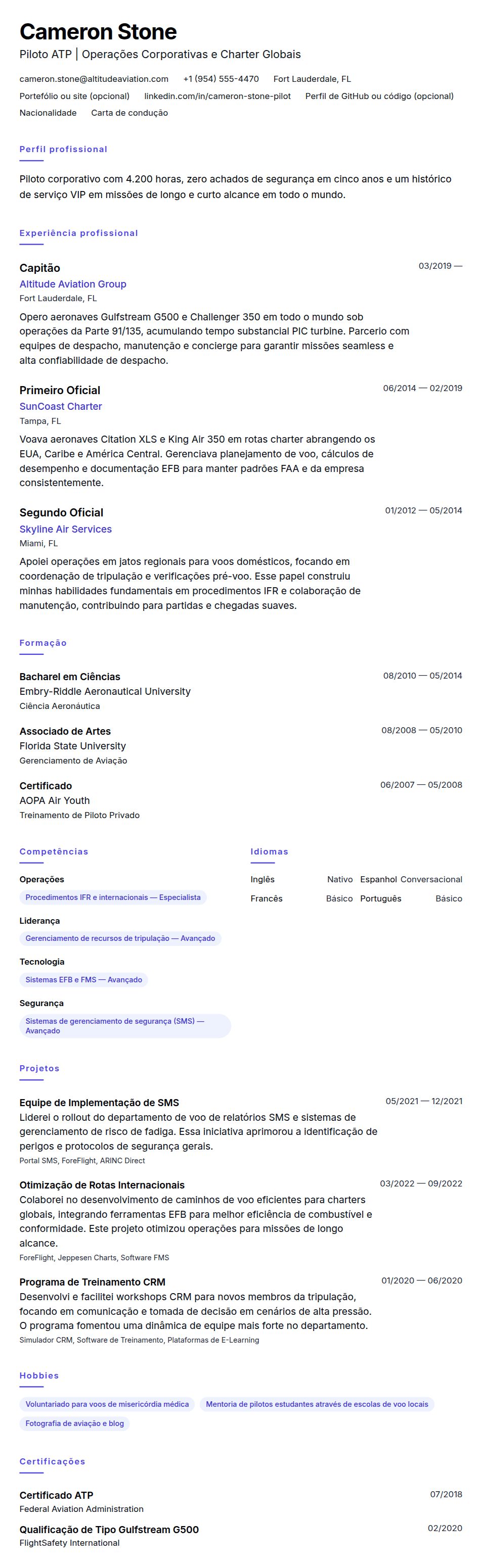 Pré-visualização do currículo Exemplo de Currículo de Piloto