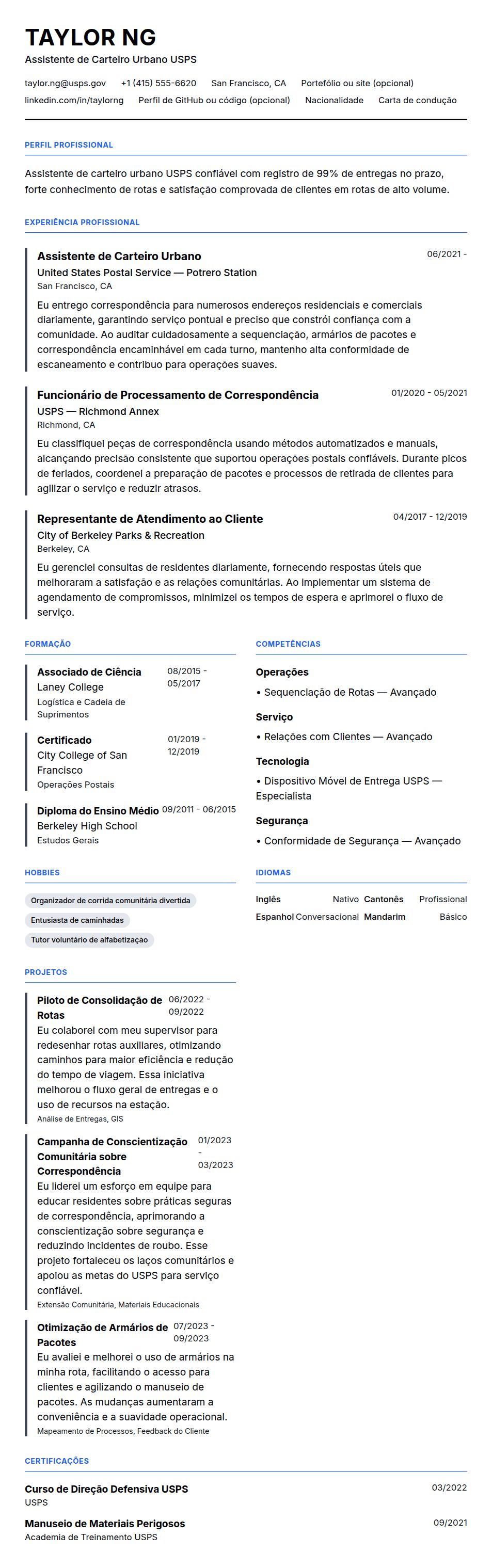 Exemplo de Currículo para Funcionário de Serviço Postal