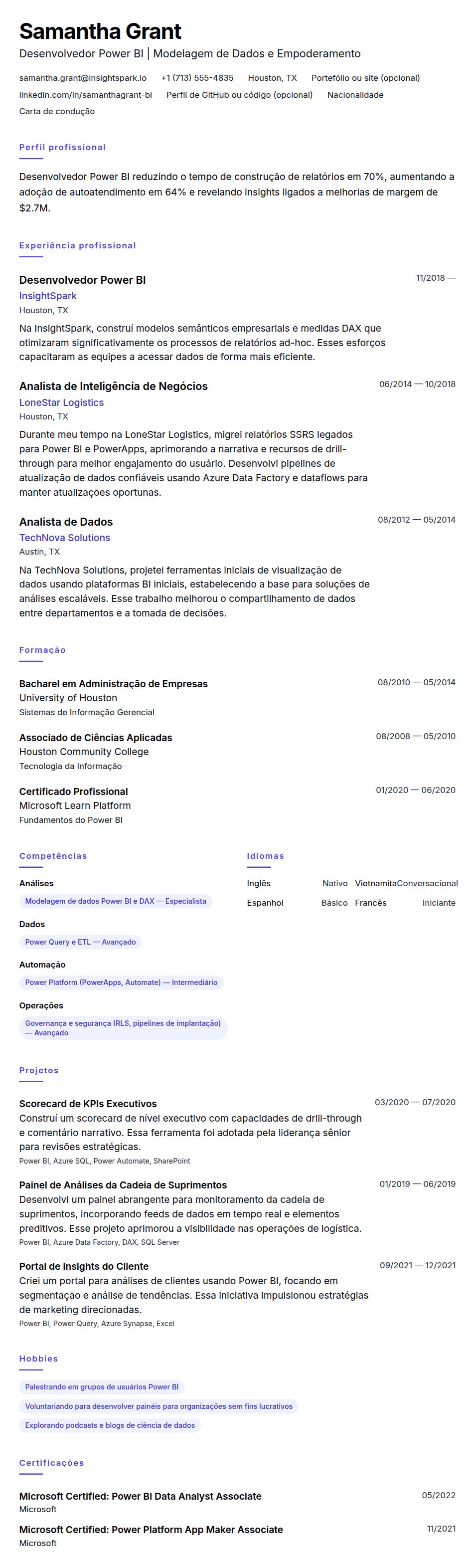 Exemplo de Currículo para Desenvolvedor Power BI