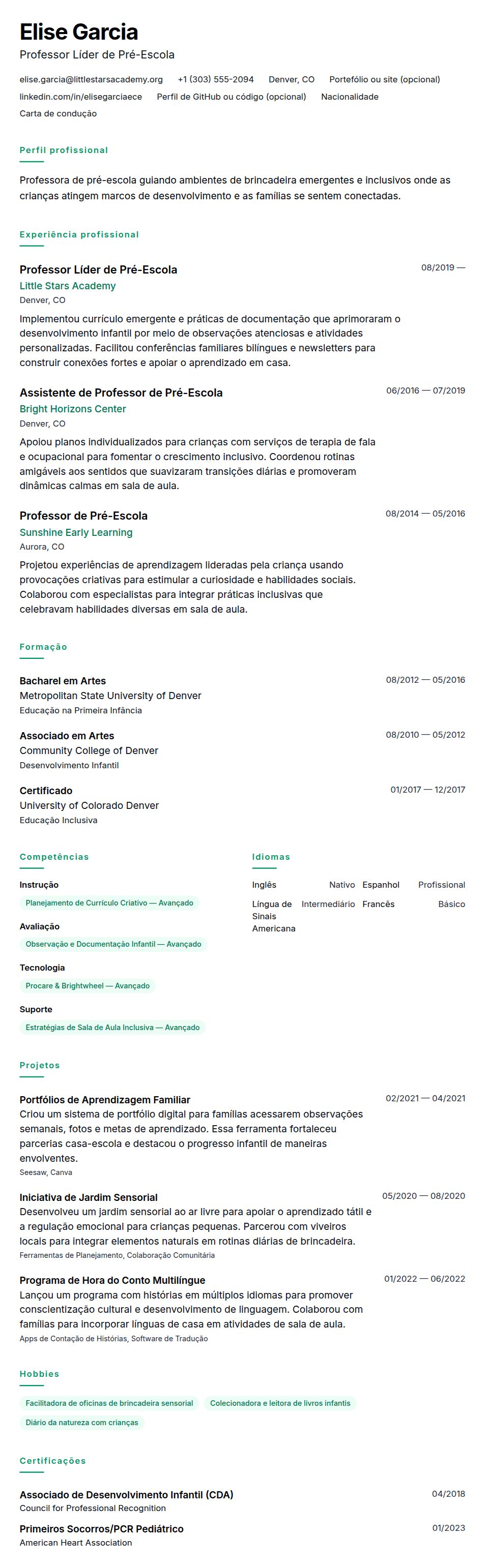 Pré-visualização do currículo Exemplo de Currículo de Professor de Pré-Escola