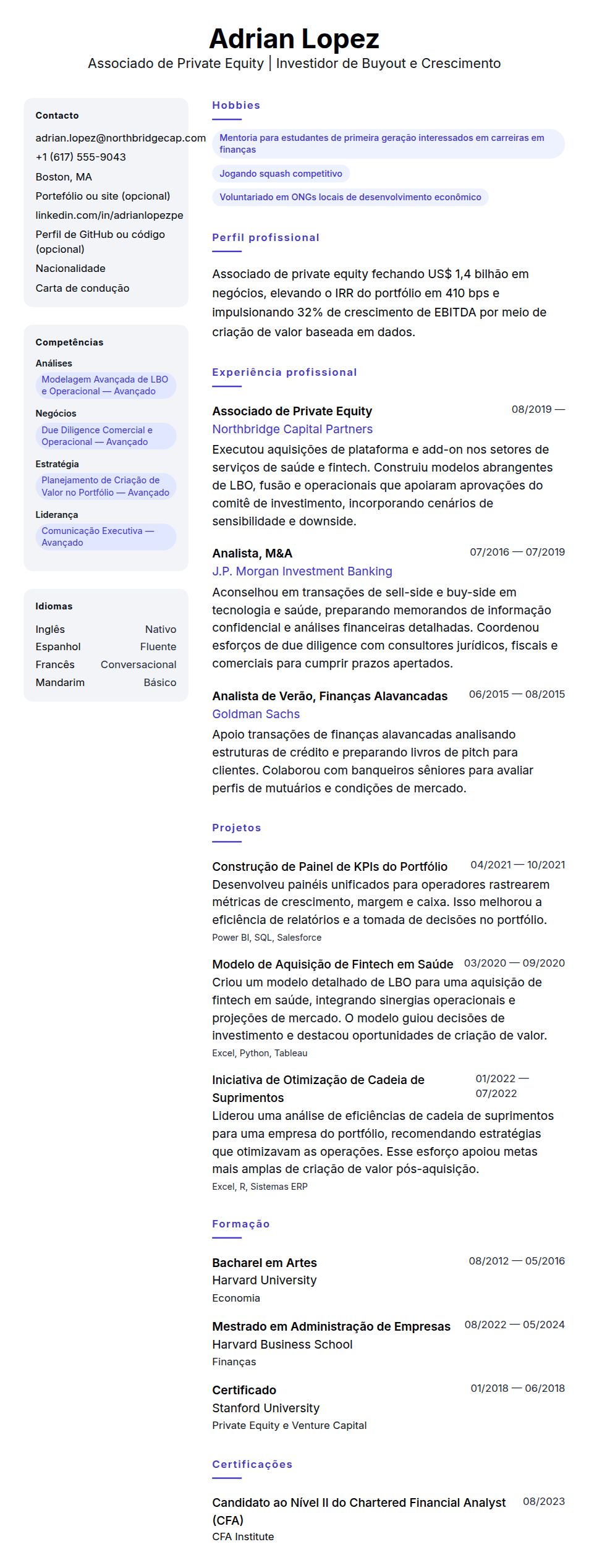 Pré-visualização do currículo Exemplo de Currículo de Associado de Private Equity