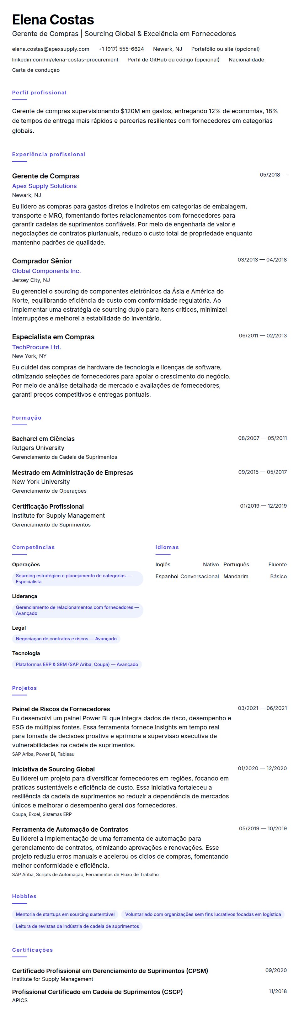 Exemplo de Currículo de Gerente de Compras